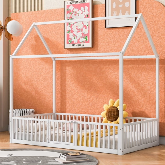 Solid and Stable Twin Size Metal House Bed with Fence and Door (White)