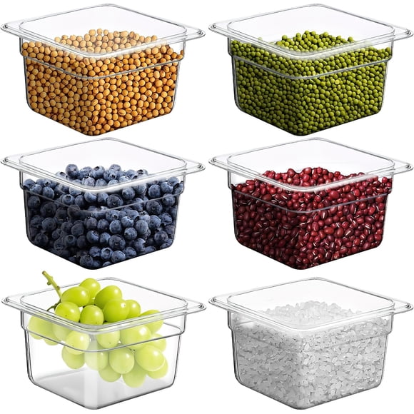 6 Pack NSF 1/6 Size Food Pans 6 Inch Deep, Clear Polycarbonate Commercial Food Storage Containers with Capacity Indicator, Stackable Restaurant Prep