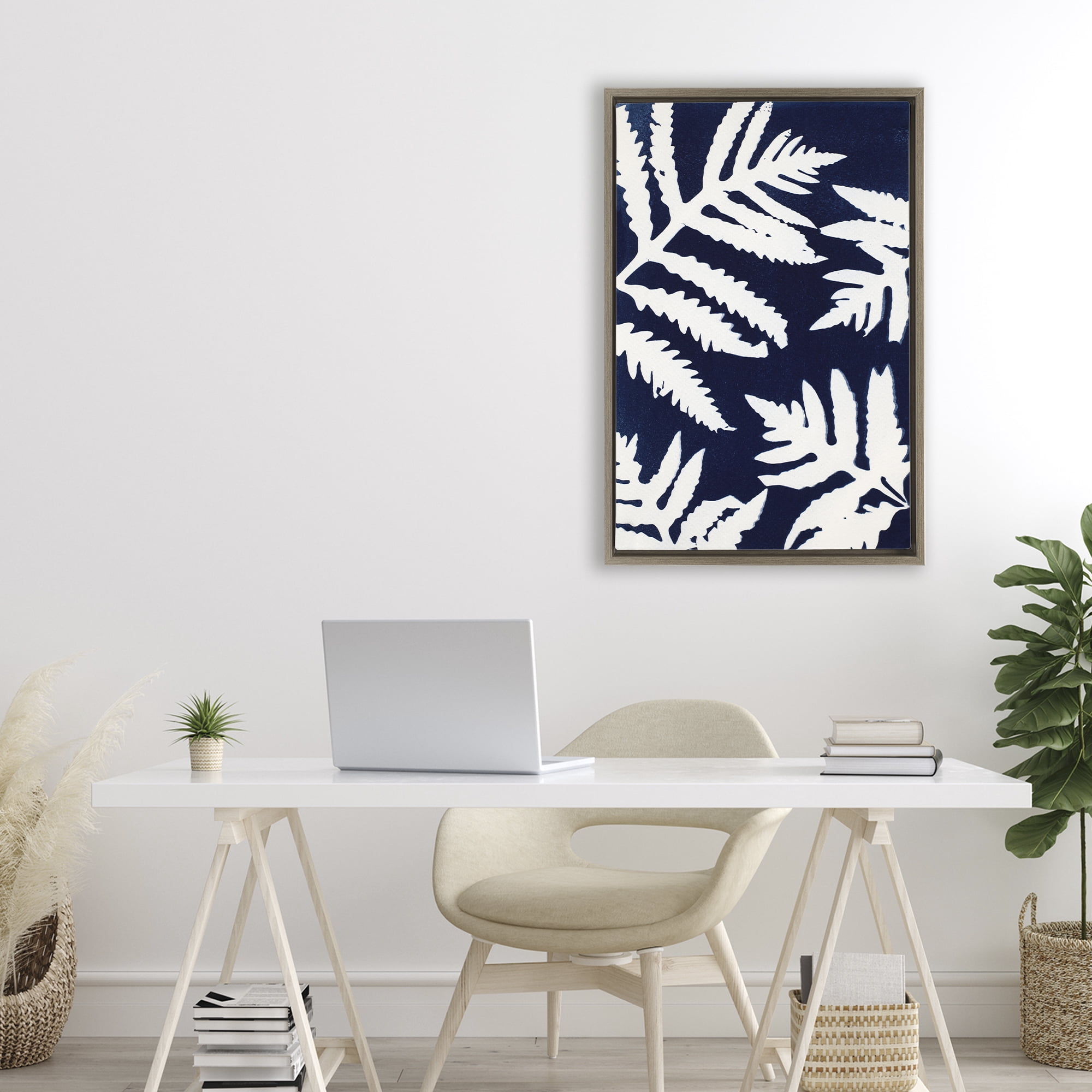 Stupell Industries White Ferns on Indigo Brown Framed Floater Canvas Wall Art, design by Lynn Byrd