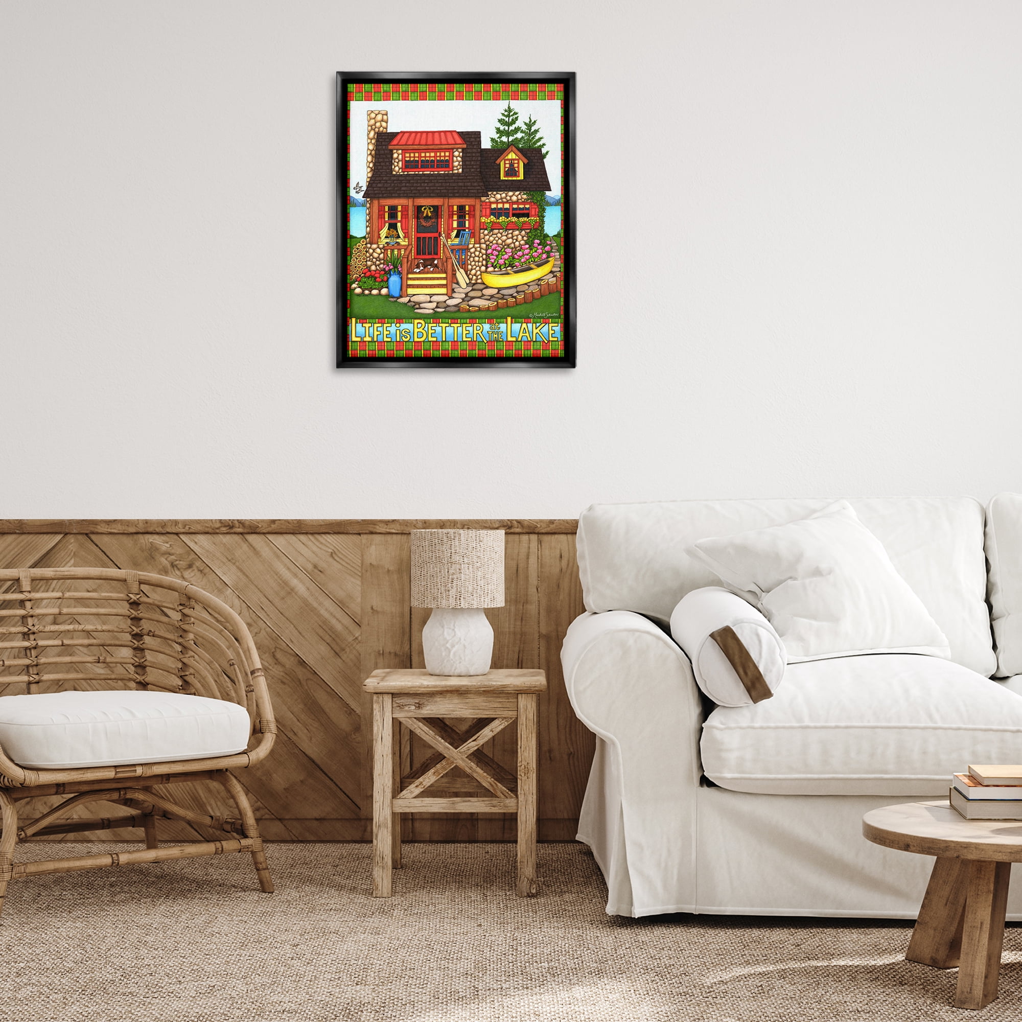 Stupell Industries Patterned Better At Lake Landscape & Nature Painting Black Floater Framed Canvas Art Print Wall Art, 25 x 31