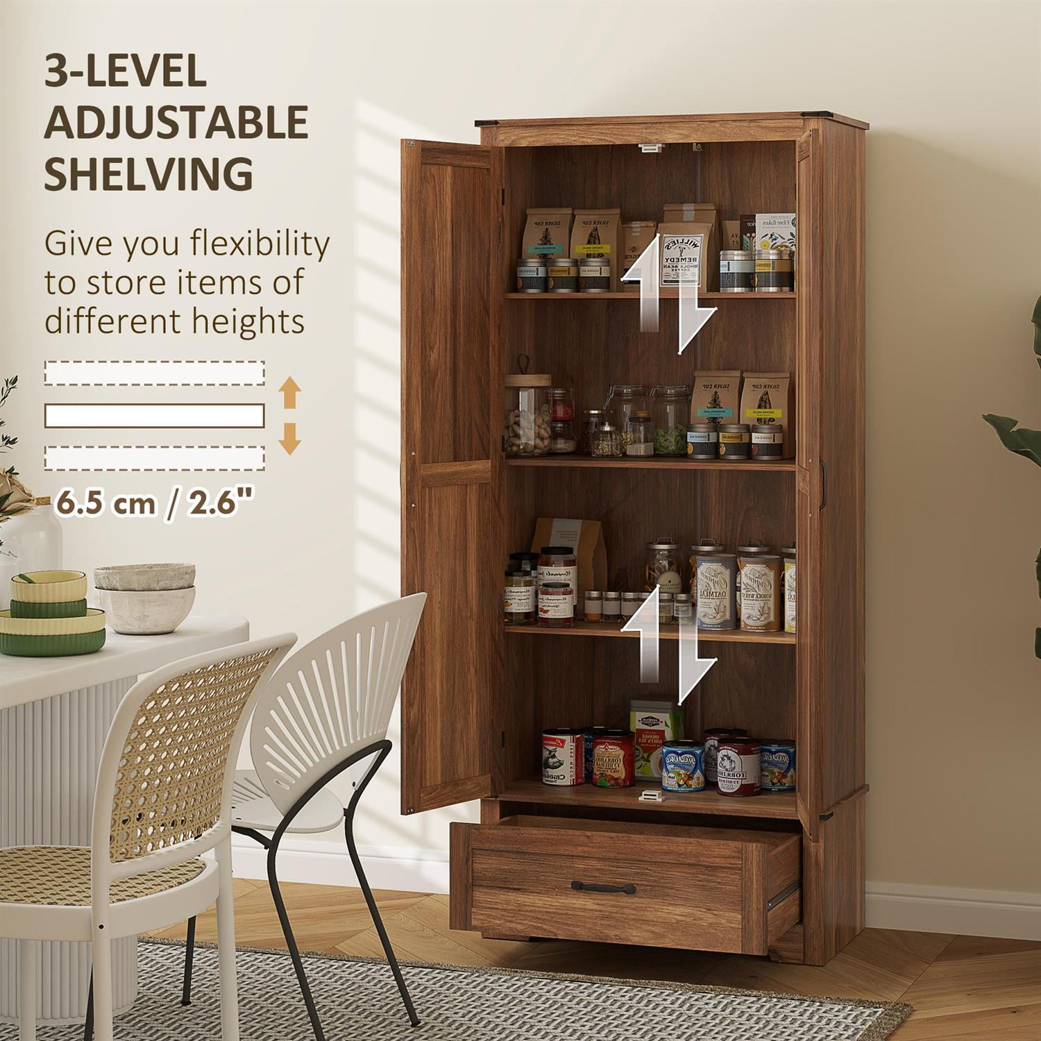 Demi Bonn 72" Farmhouse Pantry Cabinet with Adjustable Shelves, 2 Doors for Home Office, Kitchen, Living Room, Brown