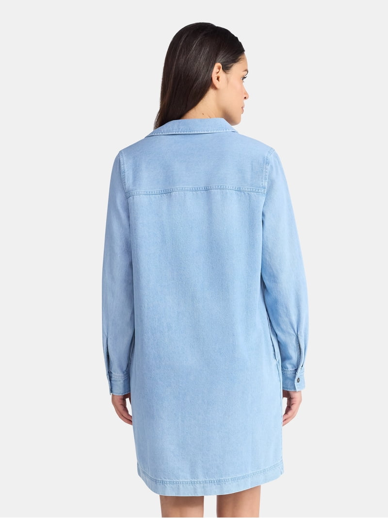 denim shirt dress walmart AKOEE 2025 Denim Long Sleeve Dress for Women Button Up Collar Shirt Jean Dress with Pockets Loose Comfy Stretch Denim Tops (X-Large, Light Blue),