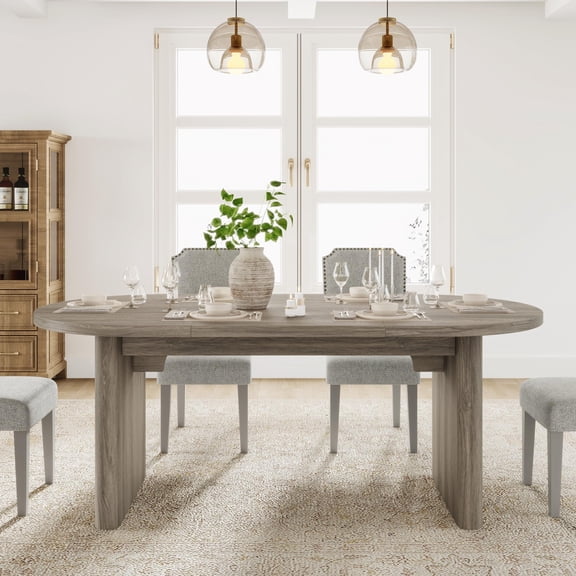 70.87 Inch Grey Walnut Thick Base Oval Farmhouse Dining Table for 6-8