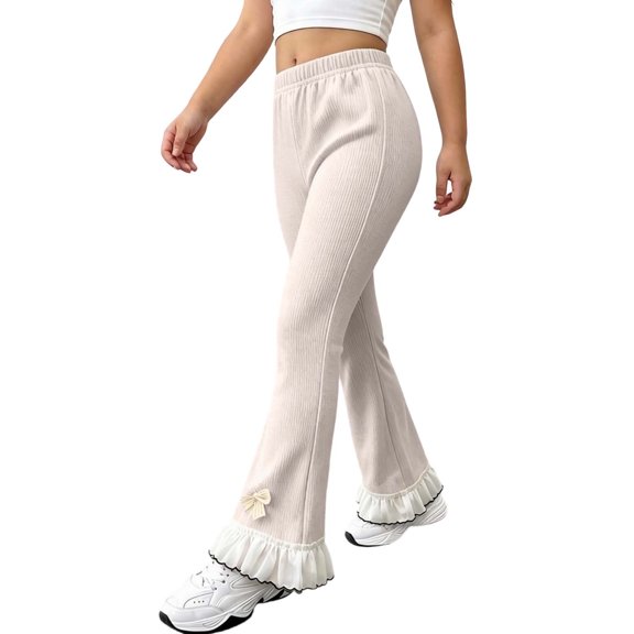 Ugoldhm Girl's Ribbed Knit Flare Pants Elastic Waist Ruffle Hem Bow Decor Slim Casual Bell Bottom Trousers 0-14Y