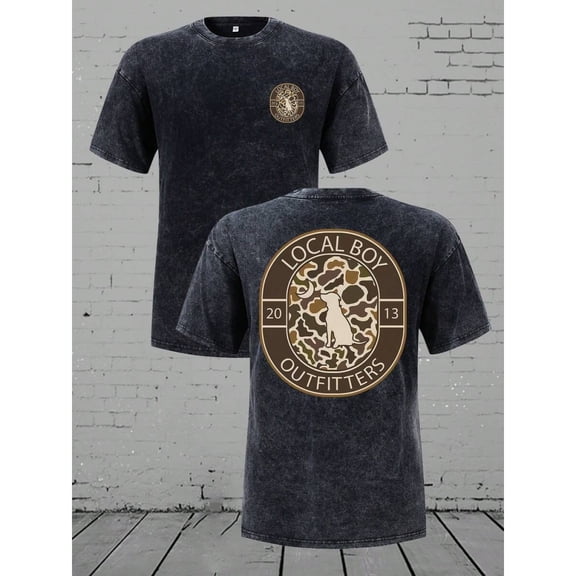 Black Retro Washed Local Boy Tee - 230g Cotton, Loose Crew Neck, Casual Breathable, Camo Dog Badge Print