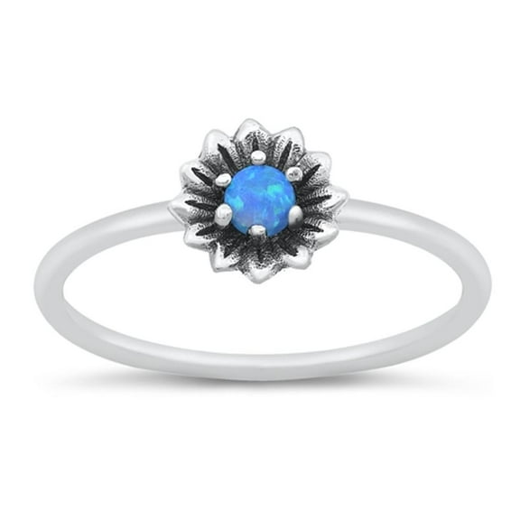 CHOOSE YOUR COLOR Blue Simulated Opal Promise Flower Ring .925 Sterling Silver Band CZ Female Size 6