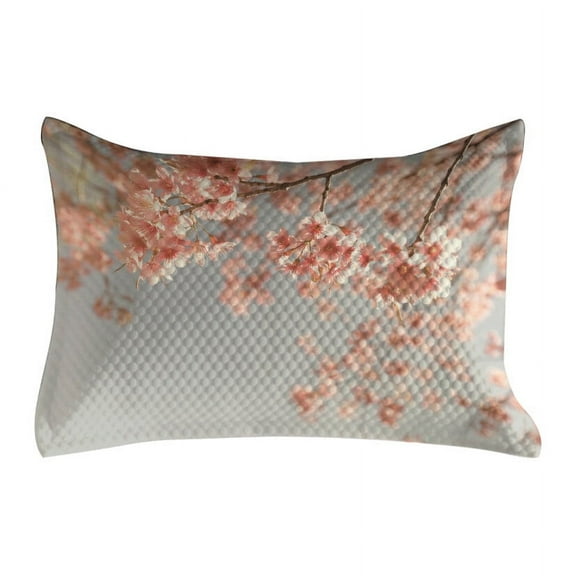 Peach Quilted Pillowcover, Japanese Scenery Sakura Tree Cherry Blossom Nature Photography Coming of Spring, Standard King Size Accent Pillow Cover for Bedroom, 36" x 20", Bluegrey Coral, by Ambesonne