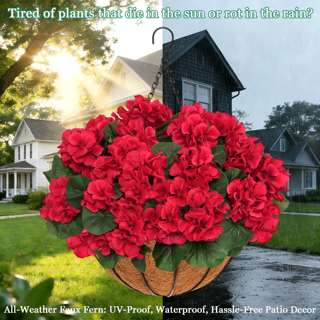2 Sets of Outdoor Artificial Geranium Flowers with Hanging Baskets, 12Pcs of Red Geranium Fake Flowers, Christmas Front Porch Garden Terrace Home Decoration (2, Red)