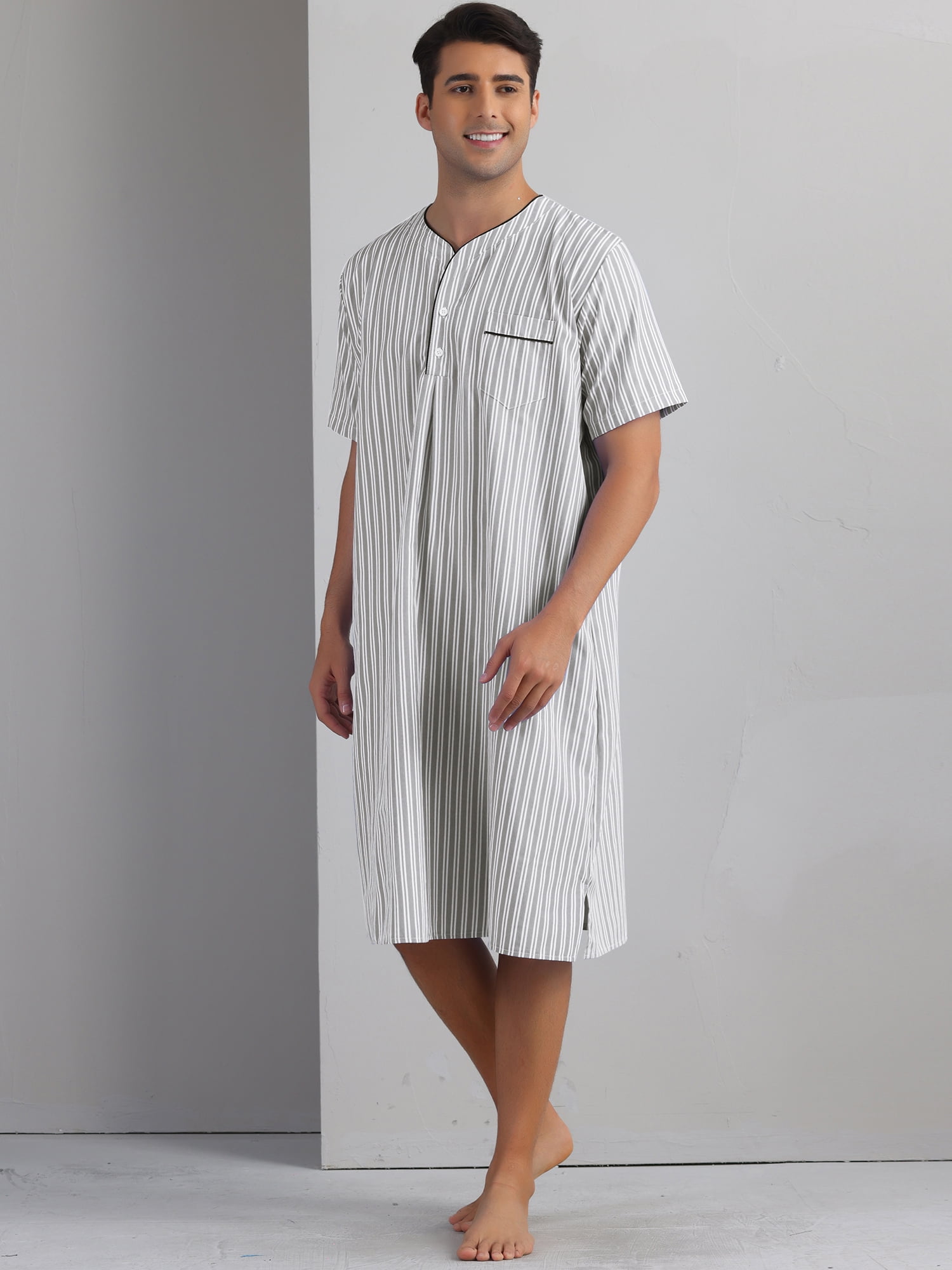 DARING DIVA Men's Short Sleeve Striped V-Neck Button Down Sleep Gown L Gray