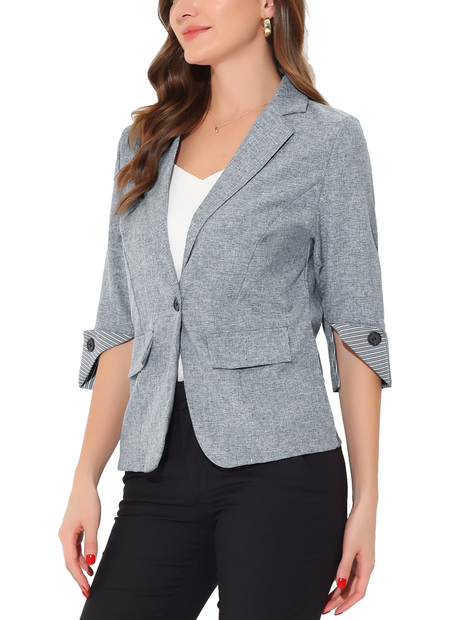 Unique Bargains Women's Office Suit Jacket Notched Lapel Collar 3/4 Sleeve Blazer XS Grey