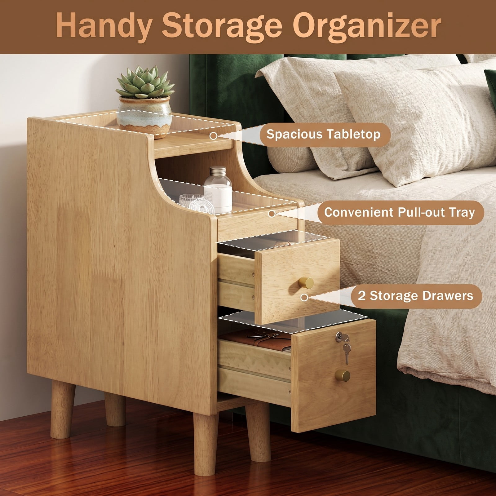 Furnibear Narrow Nightstand with Pull-out Tray and 2 Storage Drawers, Slim Solid Wood Bedside Table for Small Spaces and Tight Corners, Natural