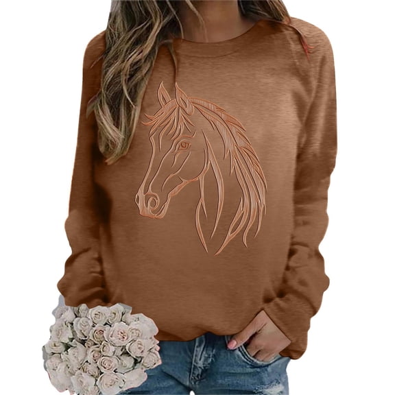 Dolkfu Pull-on Women Clothing Long Sleeve Crew Neck Horse Black Sweatshirt Casual Animal Printed Tops Black,L