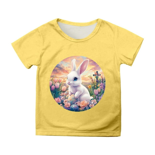 MIASHUI T-Shirt Garçon Mignon avec Imprimé Lapin, Filles Joyeuses Pâques, Jaune, 6-7 Ans
