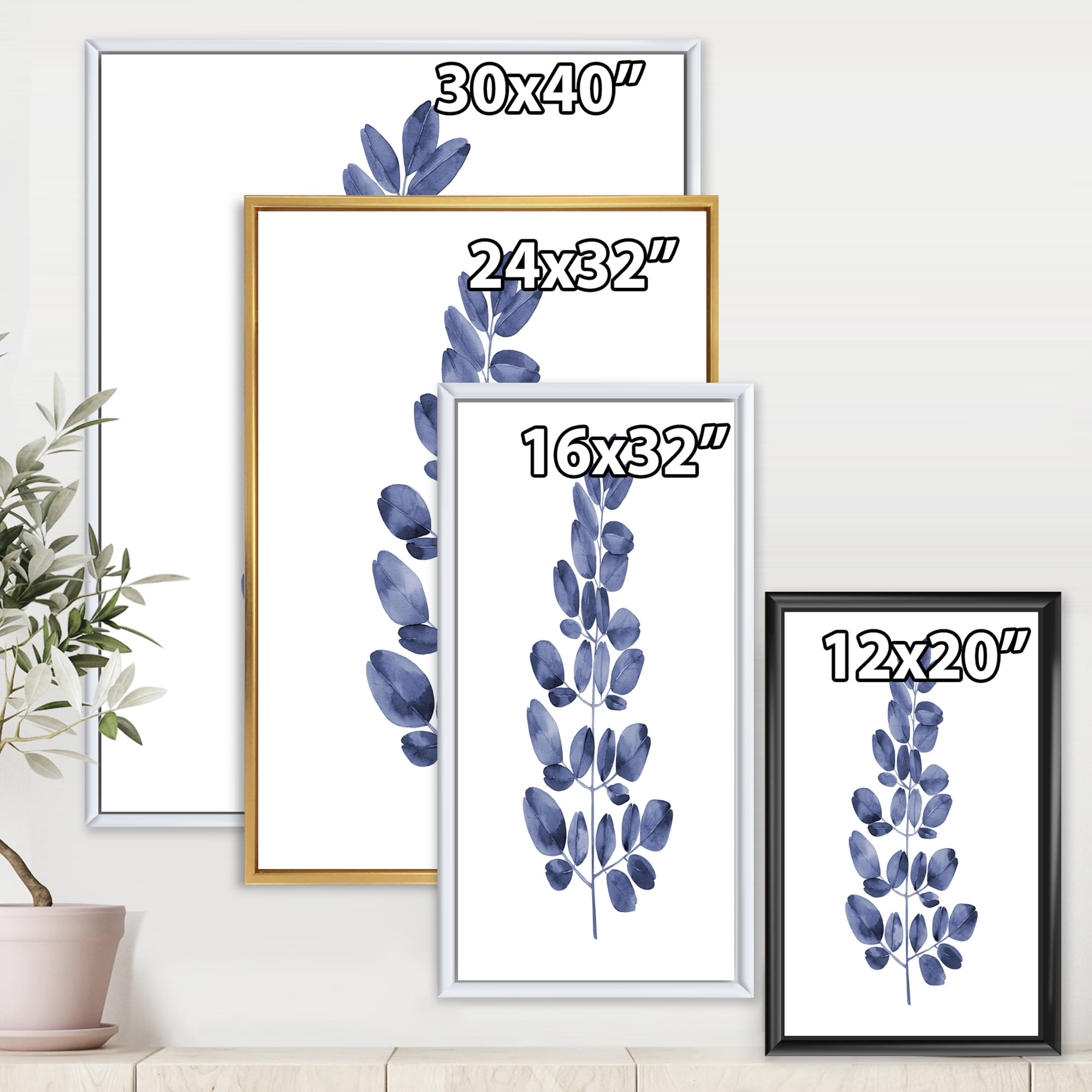 Designart 'Navy Blue Eucalyptus On White' Traditional Framed Canvas Wall Art Print