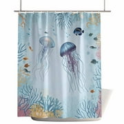 Shower Curtains for Bathroom-60"x72",Watercolor Summer Coastal Jellyfish Waterproof Bath Curtain Grommet Shower Curtain Set with Hooks,Ocean Fish Coral Creature Washable Bath Accessories