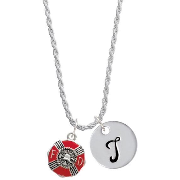 Delight Jewelry Silvertone Red Enamel Fire Department Medallion Silvertone Script Initial Disc - T - Charm Necklace, 20"+3"