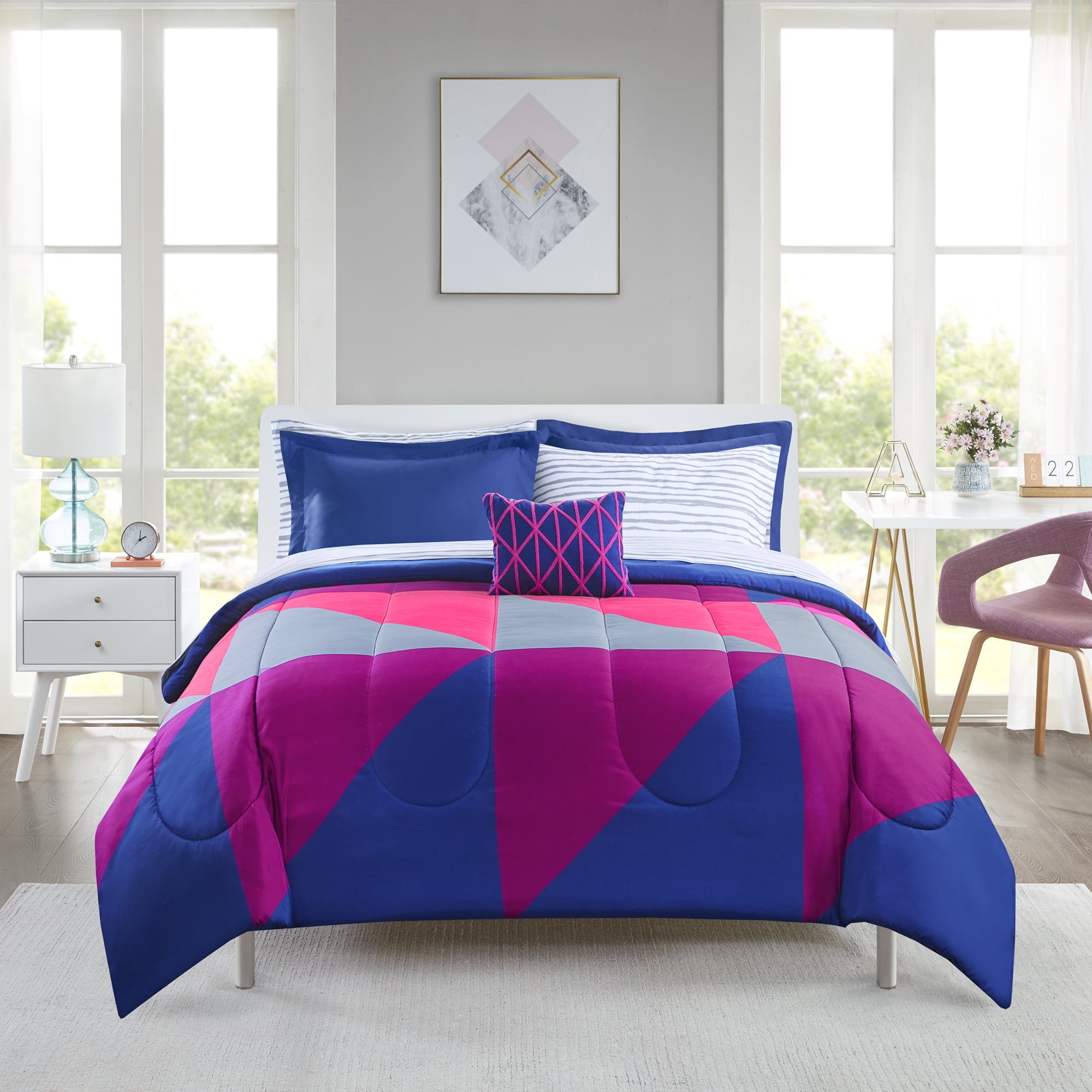 Mainstays Purple and Blue Geometric 8 Piece Bed in A Bag Comforter Set with Sheets, Queen