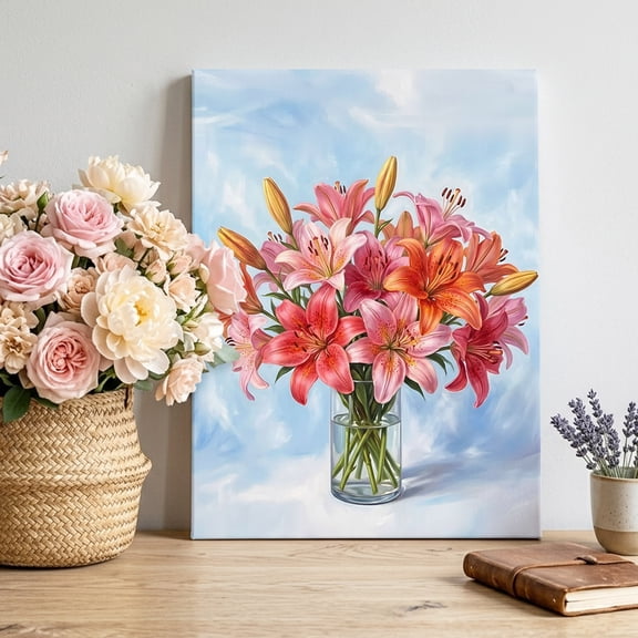Canvas Wall Art Red Pink Daisy Canvas Art Print Summer Spring Oil Painted Floral Vase Pictures Wall Decor for Living Room Bedroom Artwork Decorations Stretched Framed Ready to Hang 8"x12"
