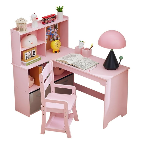 Yeshouse Conjunto de escritorio y silla de esquina para niñas, mesa de estudio en forma de L con tablón de anuncios, armarios de almacenamiento y cajones de tela