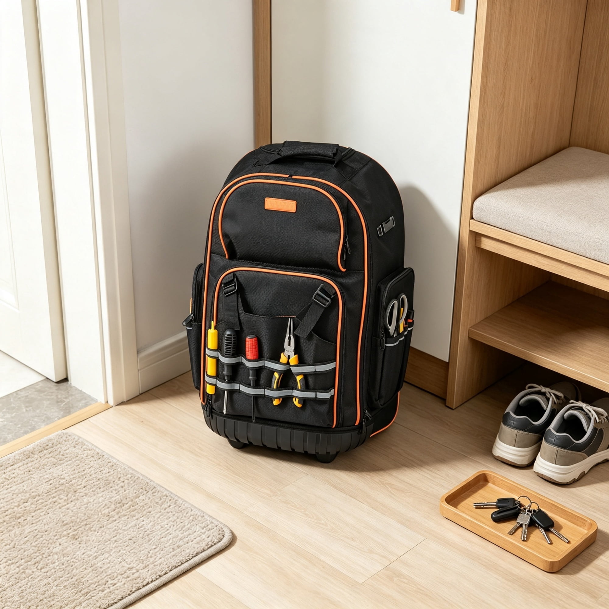 Rolling Tool Backpack, 110 lbs Capacity, Telescoping Handle & Stable Base, for Construction & Mechanic Use