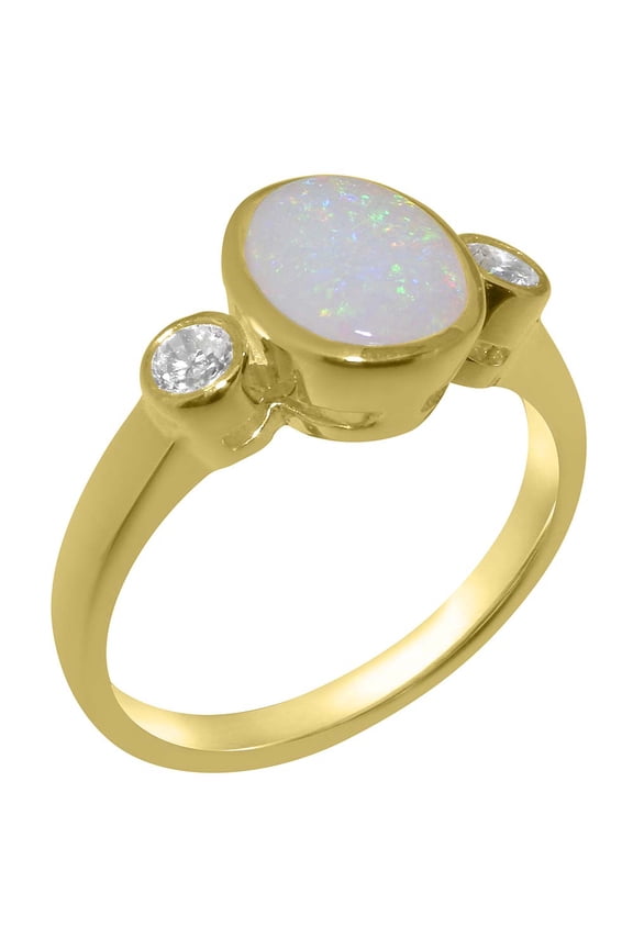 LBG British Made 14k Yellow Gold Natural Opal & Diamond Womens Promise Ring - 33 size options - Size 10.75