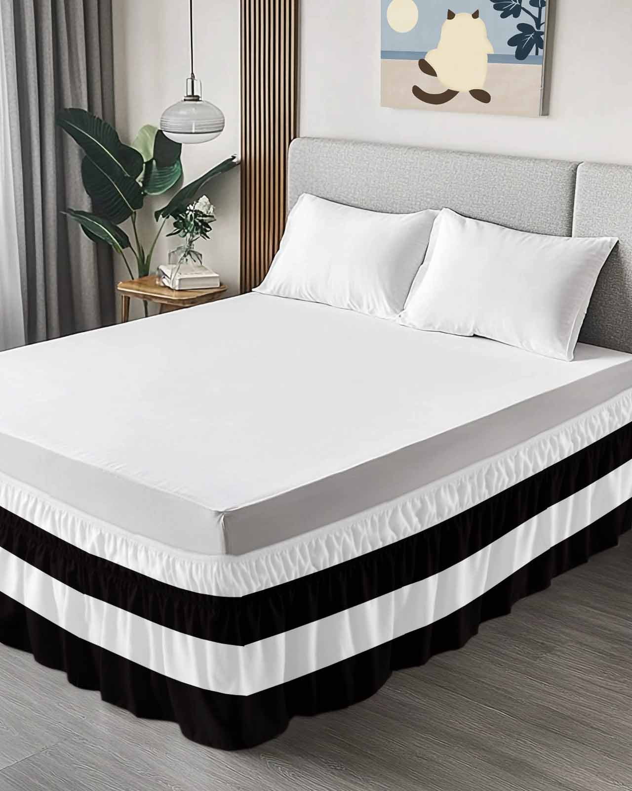 Black and White Stripe Pattern Bed Skirt Queen Size 16" Drop Simple Style Ruffled Wrap Around Bed Skirts Adjustable Elastic Bedskirt Dust Ruffle for Queen Size Bed