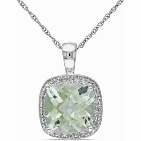 2-5/8 Carat T.G.W. Cushion-Cut Green Amethyst and Diamond-Accent 10kt White Gold Halo Pendant, 17