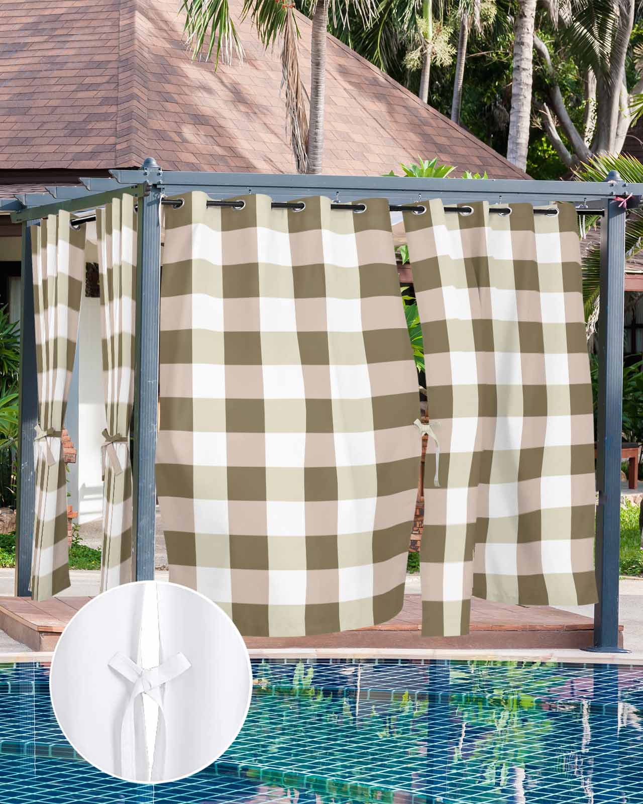 Outdoor Curtains for Patio, Brown Plaid Waterproof Blackout Outside Curtain for Porch/Pergola/Gazebo, Spring Summer Farmhouse Buffalo Checkered Thermal Insulated Drapes, 1 Panel, 54 x 84 Inch