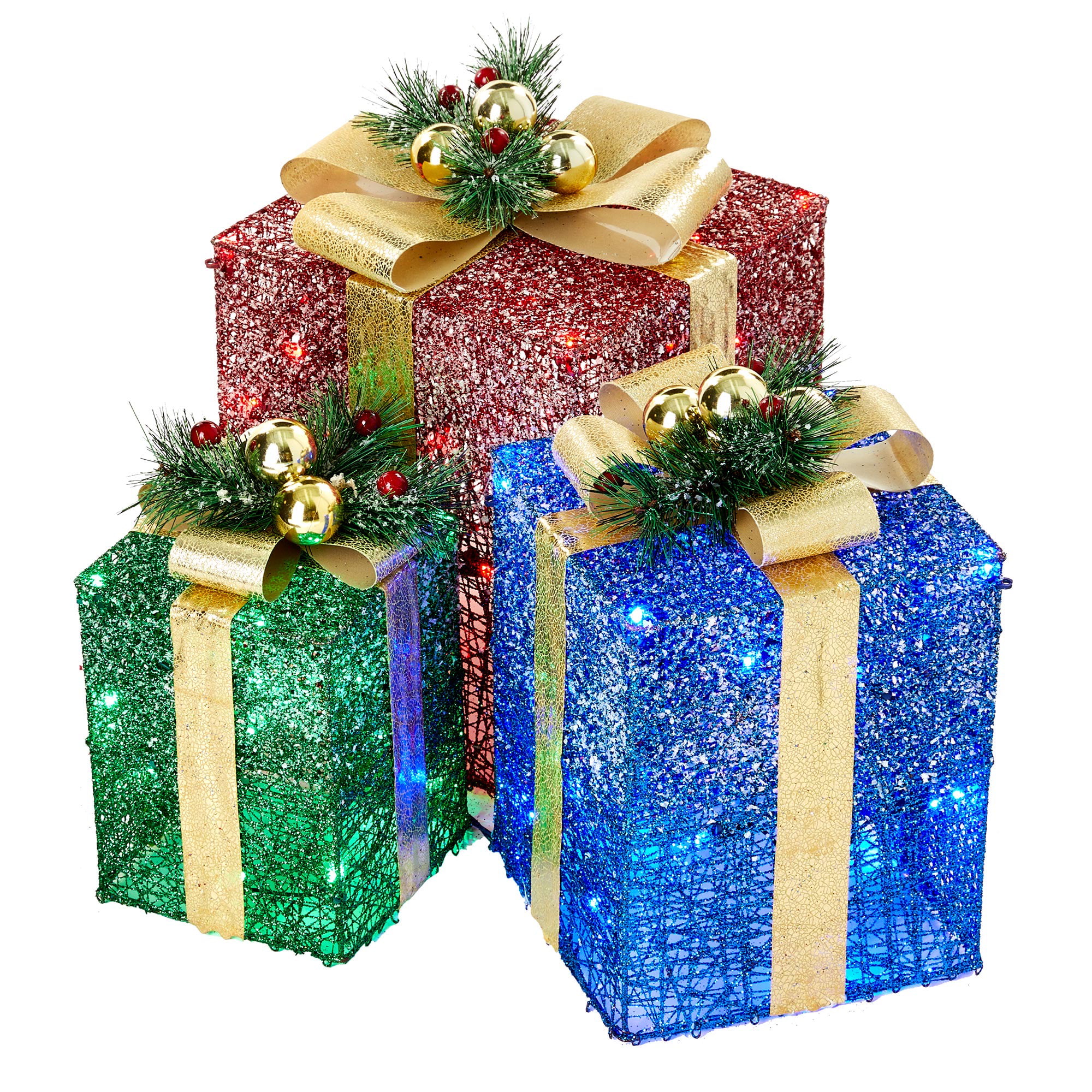 Holiday Time Christmas Indoor and Outdoor Light-up Set of 3 LED Christmas  Gift Boxes with 75 LED Lights 