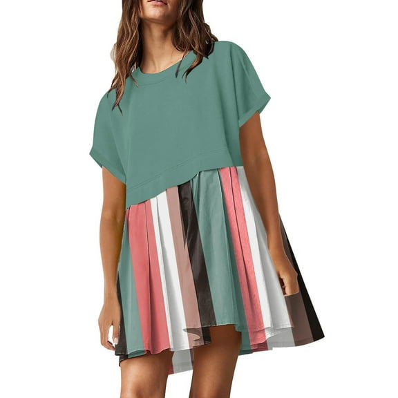 LYXSSBYX Pajamas for Women Set Fashion Women's Casual Short Sleeve Dress Round-Neck Ladies Patchwork Mini Dresses