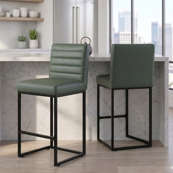 StnTalk Set of 2 Counter Height Bar Stools, 25.6" Faux Leather Upholstered Kitchen Island Chairs with Backs, Metal Frame Bar Chairs for Dining Room Home Bar,Green