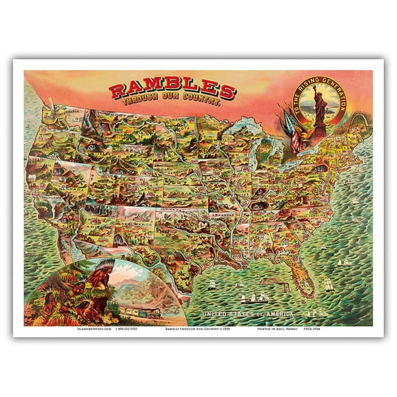 Rambles through our Country - Map of the United States 1890s - Vintage Pictorial Map - Master Art Print (Unframed) 9in x 12in