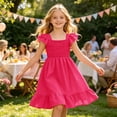 thumbnail image 2 of Bysome Girls Dress Solid Color Flutter Sleeve Square Neck Pleated Summer Cozy Soft Toddler Kids Girls Dresses Size 7-8 Years Red, 2 of 7