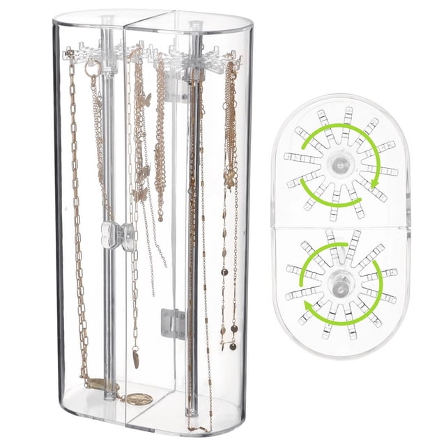 Acrylic Rotatable Necklace Holder, Necklace Bracelet Desktop Organizer with 24 Rotation Hooks, Transparent Hanging Jewelry Tower, Dust-Proof Necklace Display Rack for Necklaces, Earrings, Rings