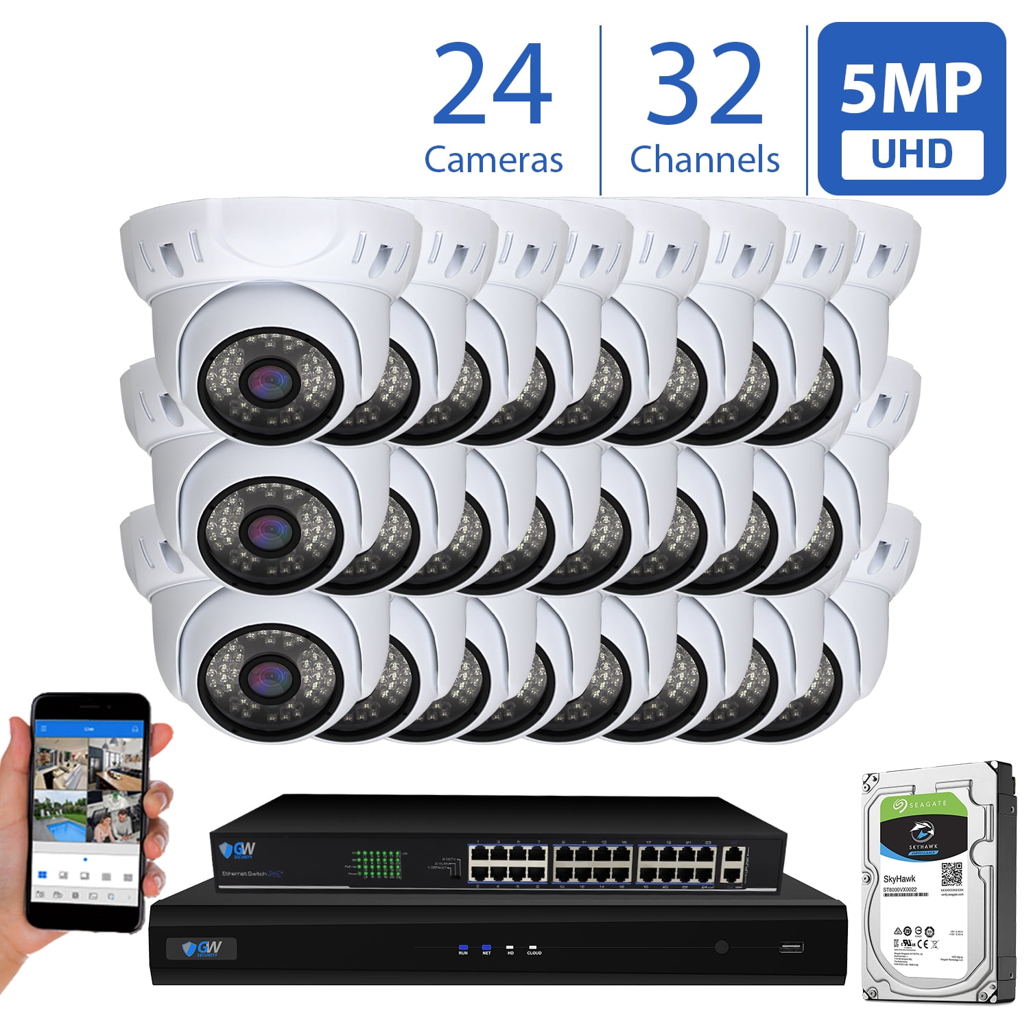 Supports Up 16 X 4K 8MP /5MP /4MP /3MP 1080P Any ONVIF IP Cameras @ 30fps Realtime Quick QR Code Smartphone Access 4TB HDD GW Security 16 Channel 4K NVR HDMI H.265 Security Network Video Recorder
