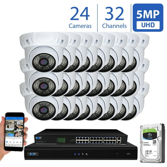 GW Security 32CH 4K H.265 NVR IP Camera Network PoE Surveillance System - (24) HD 5MP 1920P Weatherproof Outdoor / Indoor Dome Security Cameras