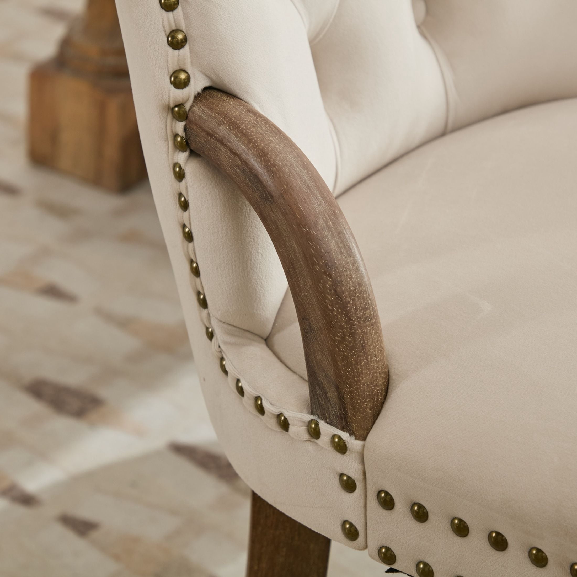 Noble House Set of 2 Dining Chairs with Tufted Velvet Upholstery, Copper Nailhead Trim, Beige