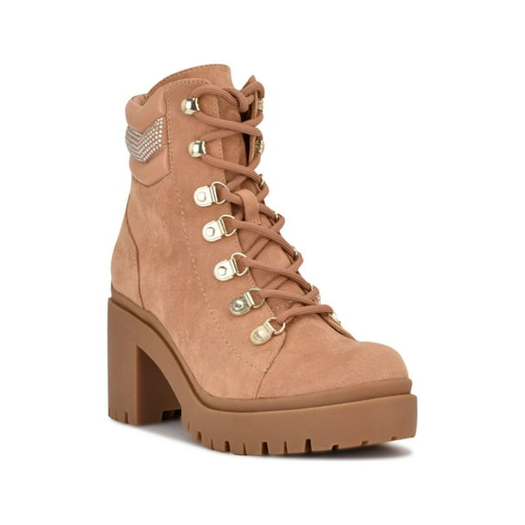 NINE WEST Womens Beige Rhinestone Lug Sole Qwork Round Toe Block Heel Lace-Up Booties 12 M