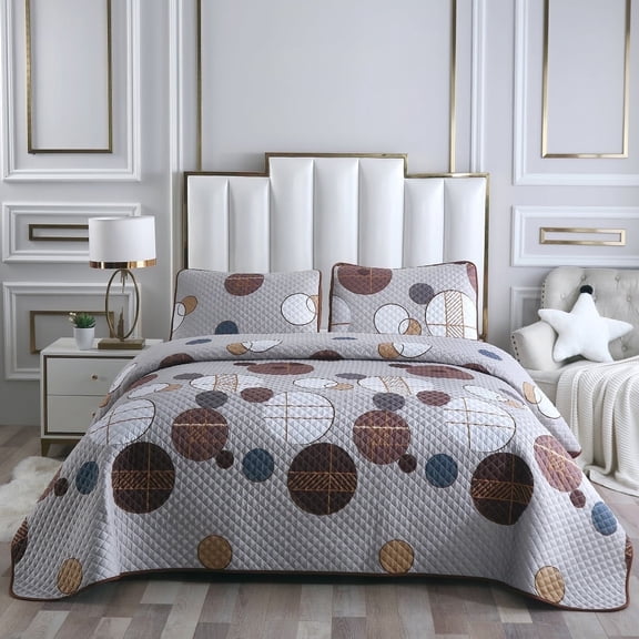 DBOZE Reversible Cotton Blend 3-Piece Embroidery Pattern Elegant Bedding Quilt Set with Embroidered Decorative Shams Soft Bedspread & Coverlet Set, Queen Size, Brown/White