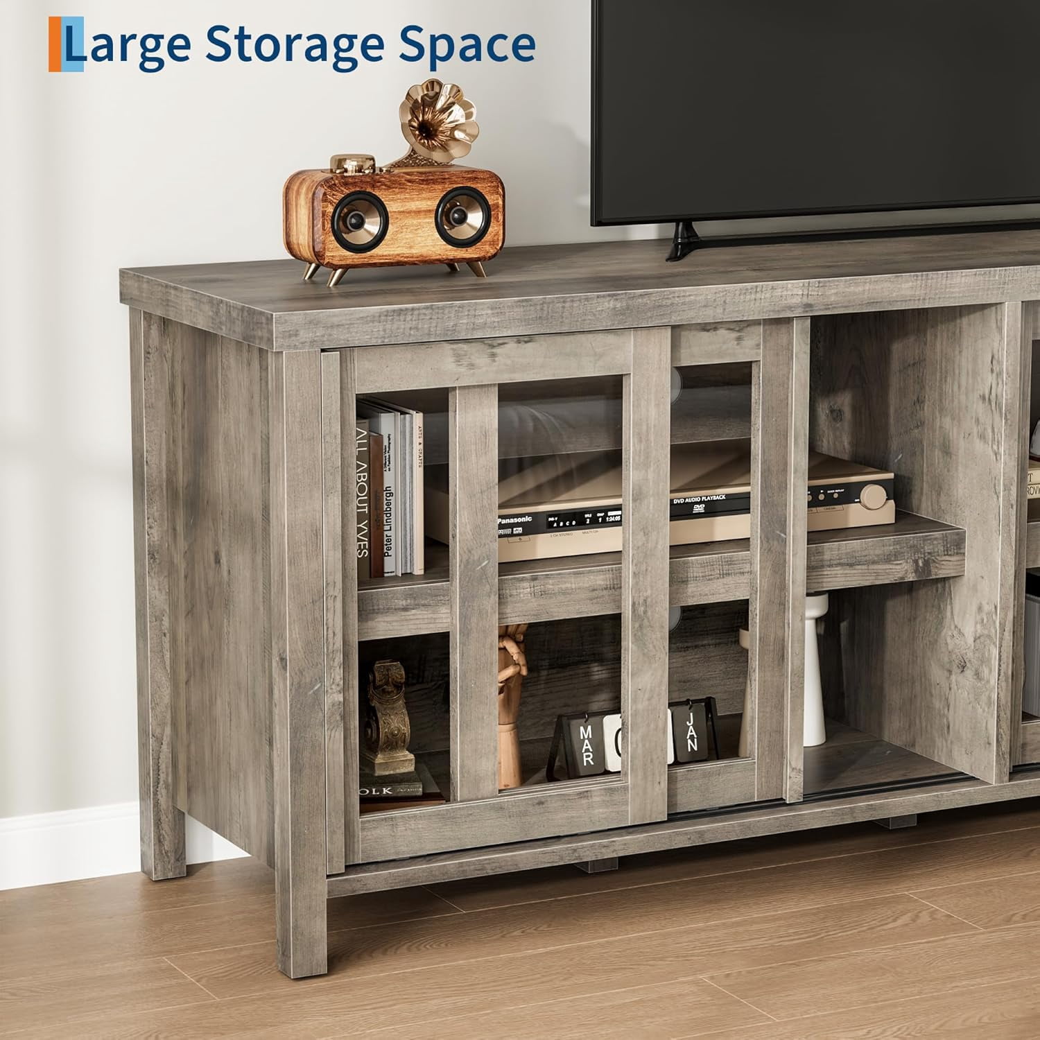 TV Stand for 65 Inch, Entertainment Center with Storage Cabinet and 4 Sliding Glass Doors, Mid Century Modern Media TV Console Table for Living Room Bedroom