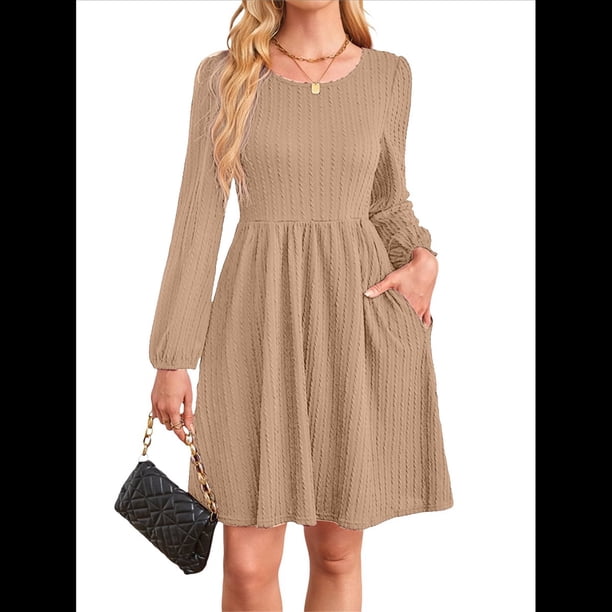 Vestido de Mujer con Mangas Largas Tipo Farol, Cuello Redondo, Falda Evasé, Moda de Otoño Albaricoque L