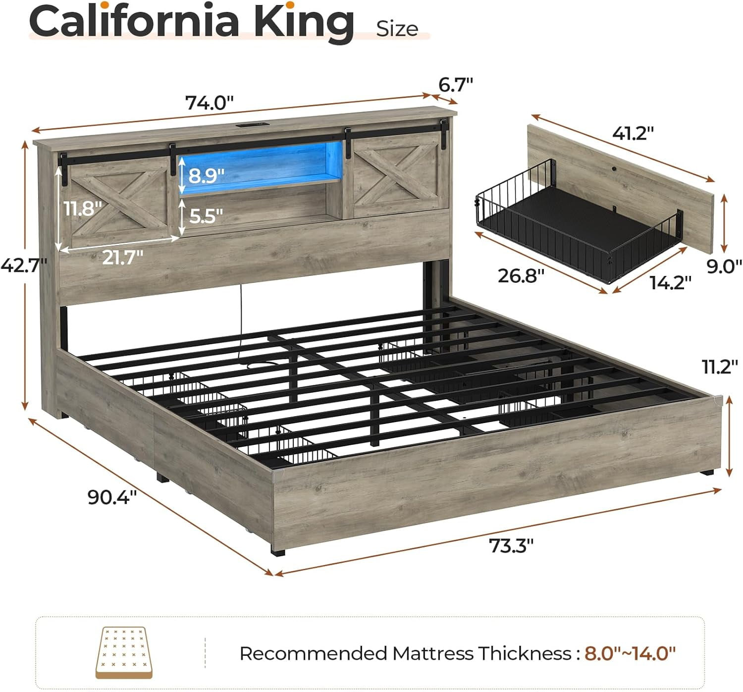 Farmhouse California King Size Bed Frame with Charging Station & LED Lights,Wooden Platform Cal King Beds with 4 Storage Drawers,Storage Headboard and Sliding Barn Door,Gray