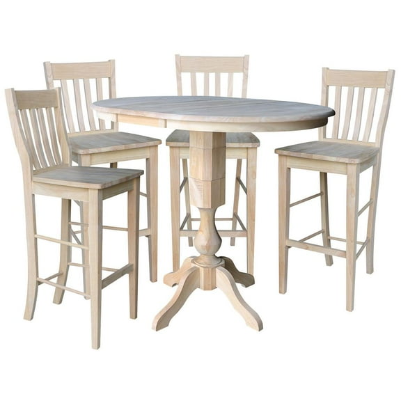 36" Round Bar Height Table with 12" Leaf and 4 Café Stools - Unfinished - 5 Piece Set