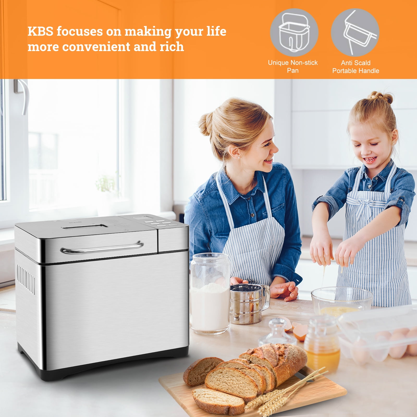 KBS 17-in-1 2LB Bread Maker Machine Fully Automatic LCD Display，Stainless  Steel Model# 013 