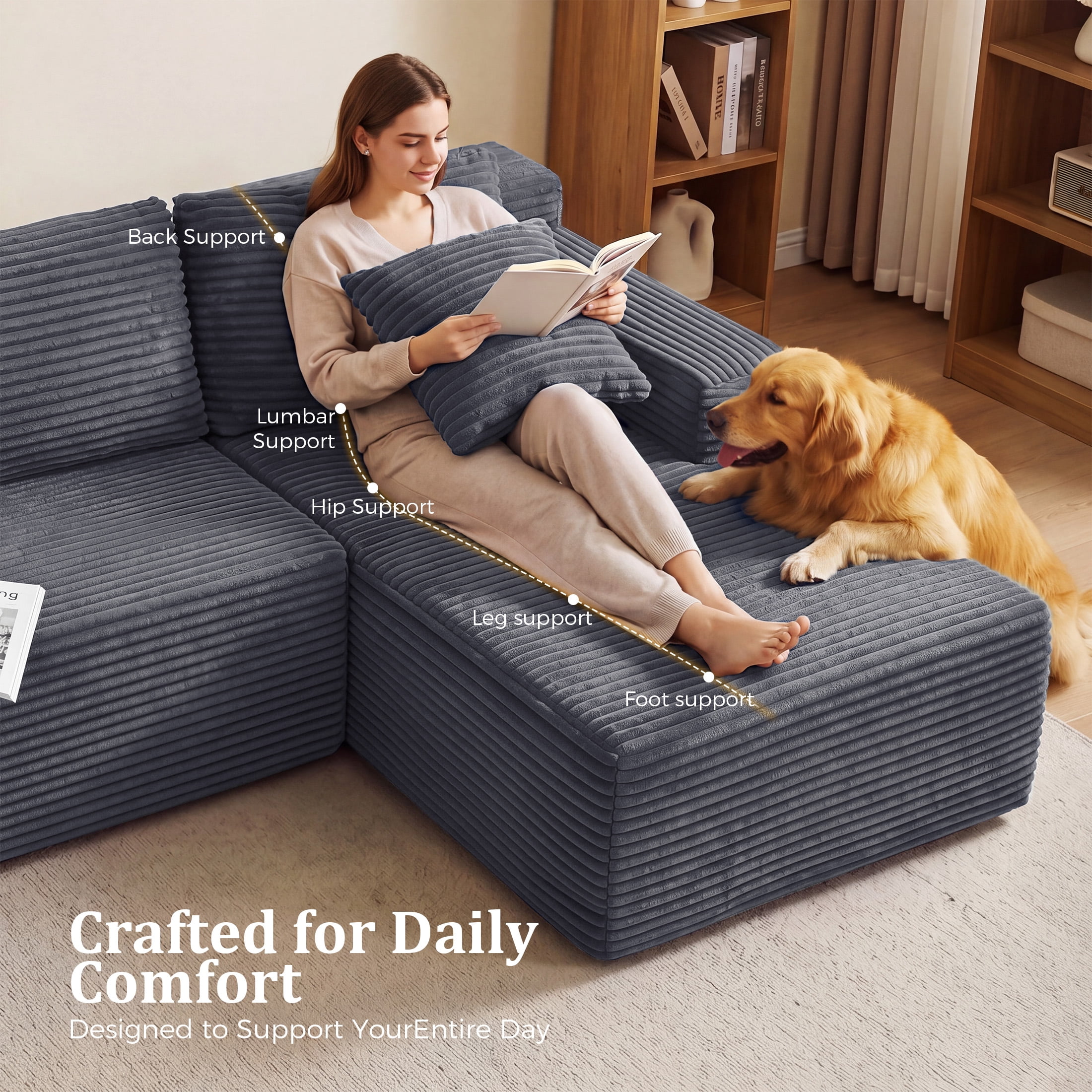 Aenkyo 95 Inch Corduroy L-Shaped Modular Sectional Sofa, Right Chaise, Gray