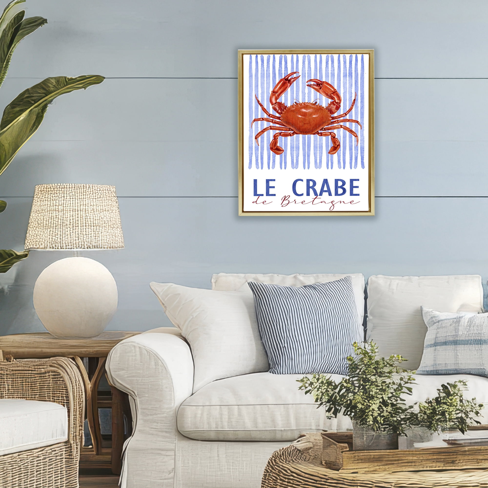 Stupell Industries Le Crabe Nautical Stripes Gold Framed Floater Canvas Wall Art, design by Kim Allen