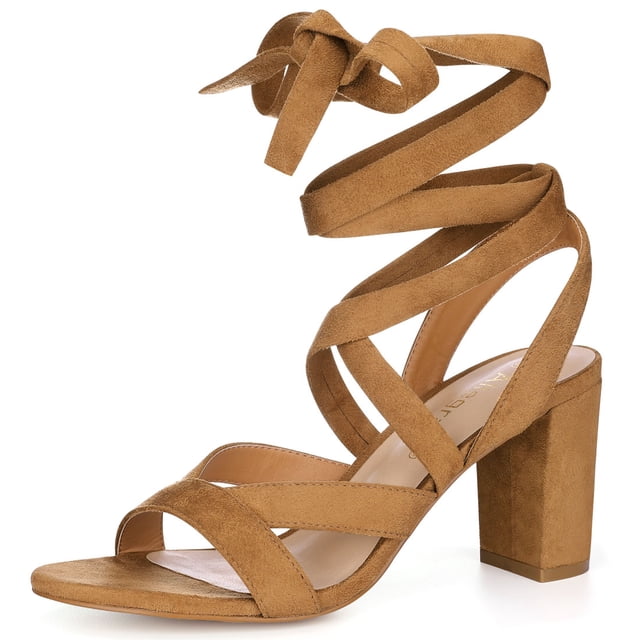BLISSFUL STEP Sandales à Talon Épais pour Femmes à Bout Ouvert, à Brides Croisées et à Lacets