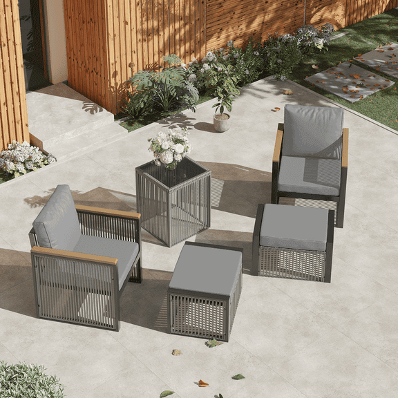 Vicluke 5 Pieces Patio Set Outdoor Furniture Sets Modern Chair Conversation Sets with Ottoman & Coffee Table for Yard and Bistro