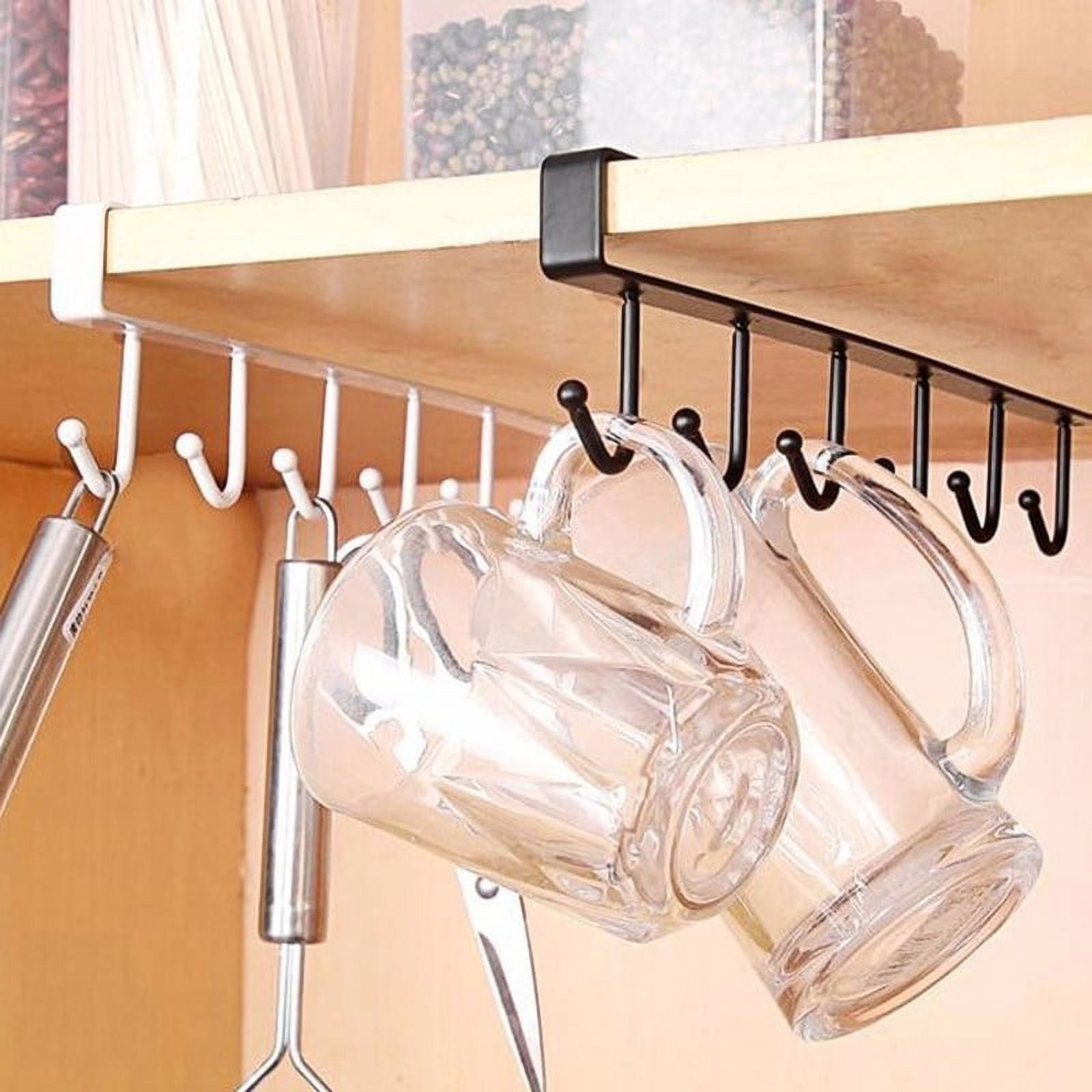 Euwbssr 2 Piece Metal 6 Hook Mug Rack Hanging Wardrobe Kitchen Organizer Coffee Tea Cup Holder Under Shelf Cabinet Hanging Holder, Size: 2pcs, Black