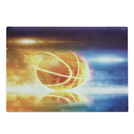 Basketball Cutting Board, Abstract Sports Background Burning Basketball with Digital Reflection Art Print, Decorative Tempered Glass Cutting and Serving Board, Large Size, Blue Yellow, by Ambesonne